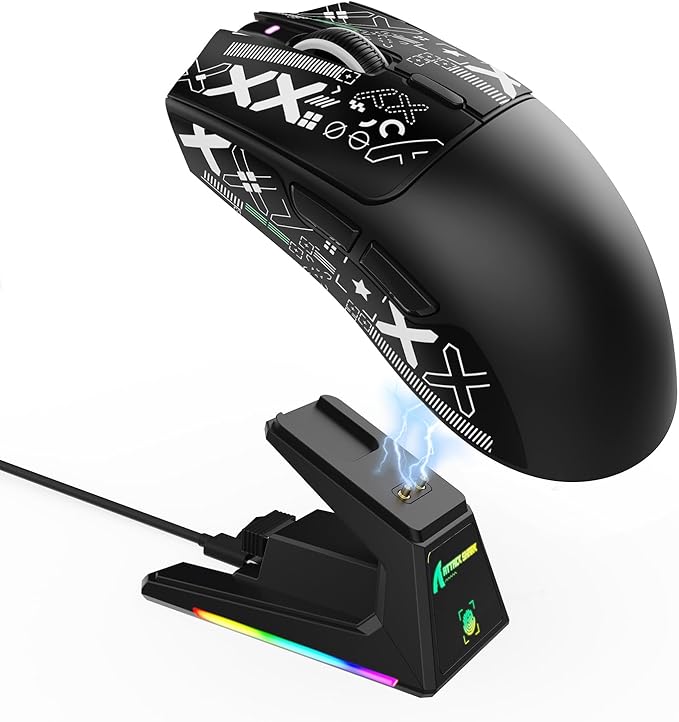 ATTACK SHARK X1 Ultralight Wireless Gaming Mouse with Magnetic RGB Charging Dock,Anti Slip Grip Tape,PixArt PAW3395 Pro Sensor,40000DPI,BT/2.4Ghz/Wired,Optical Micro Switch for PC Mac Gamer(Black)