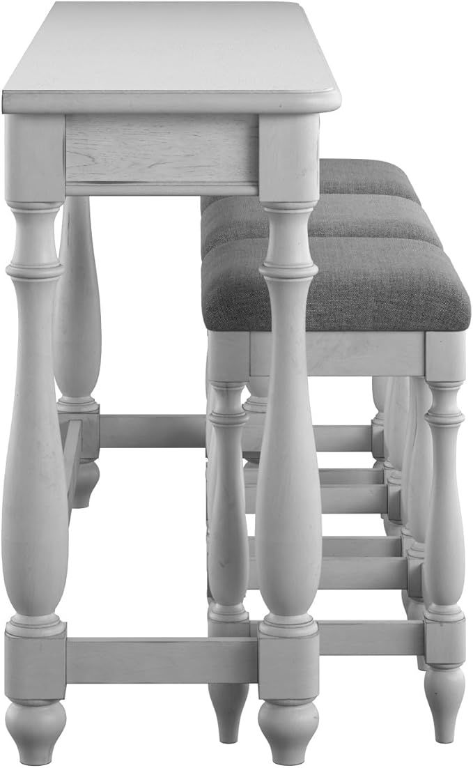 Coastal Desk Table Set with 3 Stools: White Wooden Table & Gray Upholstered Stools - 3 Drawer Workstation for Small Apartments & Home Office Use