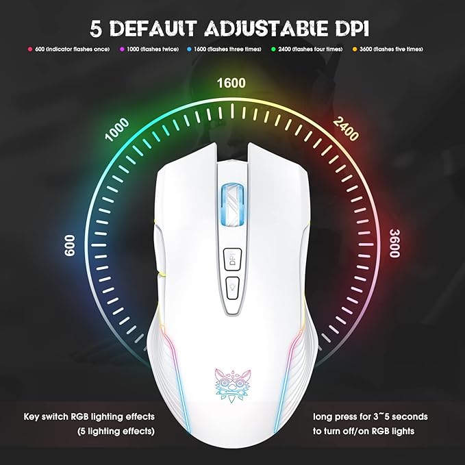 PHNIXGAM Rechargeable Wireless Gaming Mouse, Ergonomic RGB Computer Mouse with 2.4G Receiver, RGB Backlight, Adjustable DPI Up to 3600, 7 Buttons (Not Programmable) for Windows Vista Linux (White)