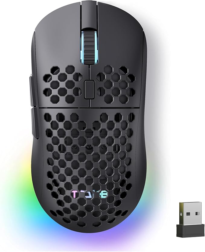 TMKB Falcon M1 Wireless Gaming Mouse, 24000DPI Optical Sensor, 180Hrs Battery, Lightweight, 6 Programmable Buttons, RGB Strip, 2.4G/BT5.2/USB-C Wired for PC/Mac/Laptop - Matte Black