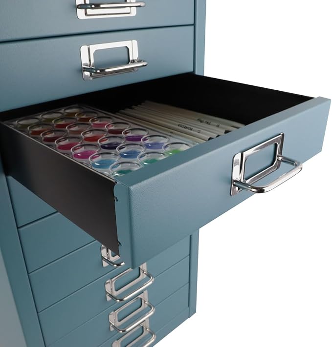 Bisley 10-Drawer Steel MultiDrawer Cabinet - Doulton Blue, Chrome Pull Handles with Label Holders, Powder-Coated Steel, Removable Drawers, Fits Under Most Desks, Labels Included