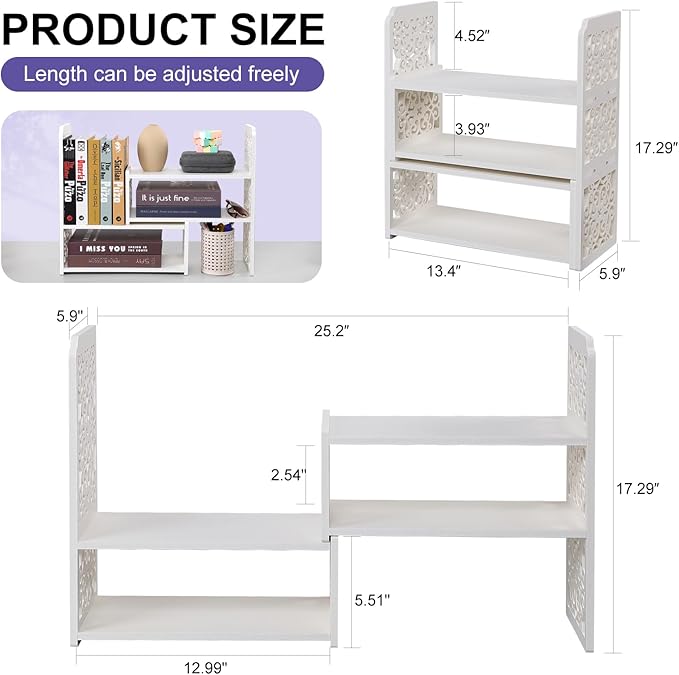 EARTHSON Desk Organizer Shelf, Expandable Bookshelf for Desk, Small Desktop Bookshelf, Mini Cute White Adjustable Office Desk Shelves