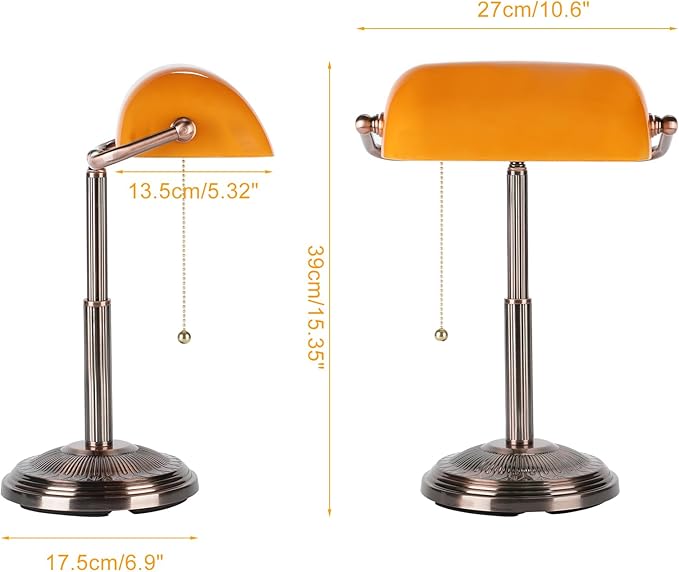 LINNMON Bankers Desk Lamp, Amber Retro Lamp, Vintage Lamp with Pull Chain Switch for Home Office (Copper+Amber)