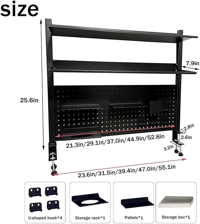 Clamp on Desk Organizer Shelf, Desk Extender with Pegboard, Gaming/Computer Desk Accessories with Shelf, Privacy Panel for Office, Clamp-on Desktop Shelving Syste (Black, Black, 47.0in/120cm)