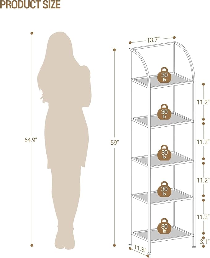Hzuaneri Bookcase Bookshelf, Tempered Glass Arched Bookshelf for More Storage, Slim Shelving Unit for Bedroom, Bathroom, Home Office, Steel Frame, 5 Tier Gold BC20599G