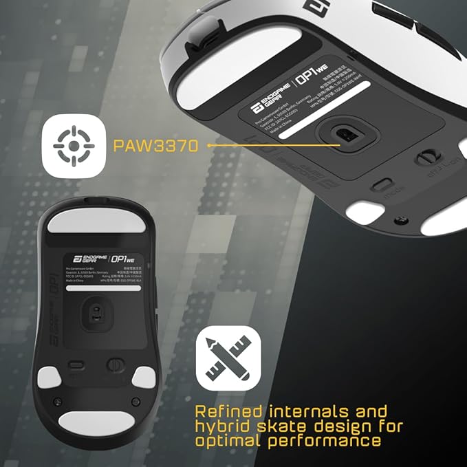ENDGAME GEAR OP1we Wireless Gaming Mouse, CompX CX52850 Microcontroller, Pixart PAW3370 Optical Sensor, Mod-Friendly, Hybrid Skate Design, Claw Grip, 2.1 oz, Black