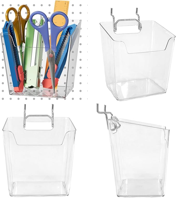 LIGHT DUST Clear Pegboard Cups with Hooks, 1/8" & 1/4" Peg Board Orangizer Accessories Aesthetic Decoration for Garage Workbench Craft Room Office Playroom Organization (4, Large)