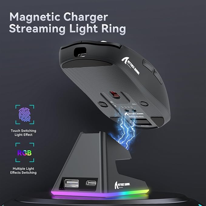 ATTACK SHARK X6 Lightweight Wireless Gaming Mouse with RGB Backlight Charging Base,Tri-Mode Wired/2.4GHz/BT5.2,26K DPI, PAW3395 Optical Sensor,HUANO Switch,5programmable Buttons,PC/Mac(Black)
