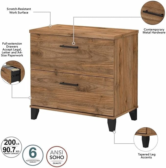 Pemberly Row 60W Office Desk Set, Fresh Walnut Finish, Engineered Wood, Includes Desk, File Cabinet & 5 Shelf Bookcase, Adjustable Shelves, Wire Management, Home Office Furniture for Workspace or