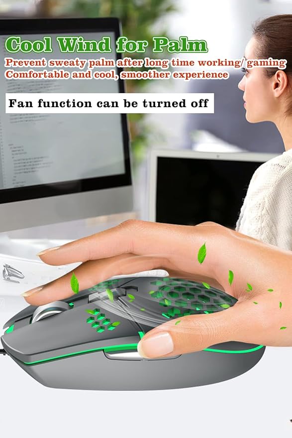 Newly Wired Gaming Mouse with Fan, Cooling Fan Honeycomb PC Mouse RGB Led Gaming Mouse for Laptop, Silent Click & 4 DPI Levels - No Sweaty Palm