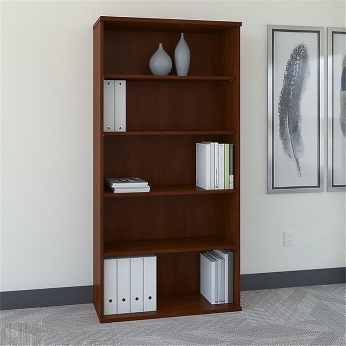 Pemberly Row Set of 2 Wood L-Shaped Desk & 5-Shelf Bookcase in Hansen Cherry
