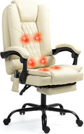 6-Point Heated Massage Office Chair with Footrest, Ergonomic Home Desk Chair with Lumbar Support, Executive High Back PU Leather Computer Chair with Armrest & Reclining, Beige