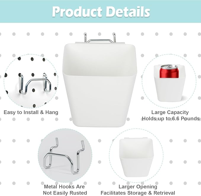 8 Pack Large Pegboard Bins with Hooks, Square Box Shape Peg Board Cups and Peg Board Accessories for Craft Room, Playroom, Office, Garage, and Wall Mount Organization (White)