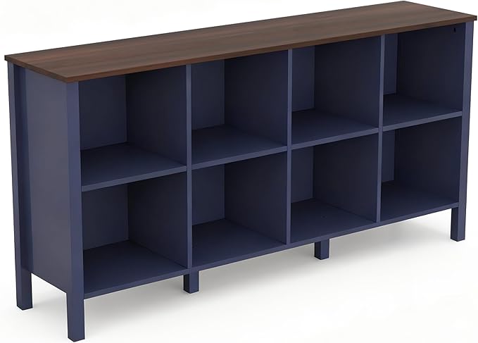 8-Cube Bookcase, Farmhouse Wooden Bookshelf Low Storage Organizer, 59" Horizontal Navy Blue Console with Legs, Hallway Book Case for Entryway, Display Cabinet for Living Room (Navy Blue, 8-Cube)