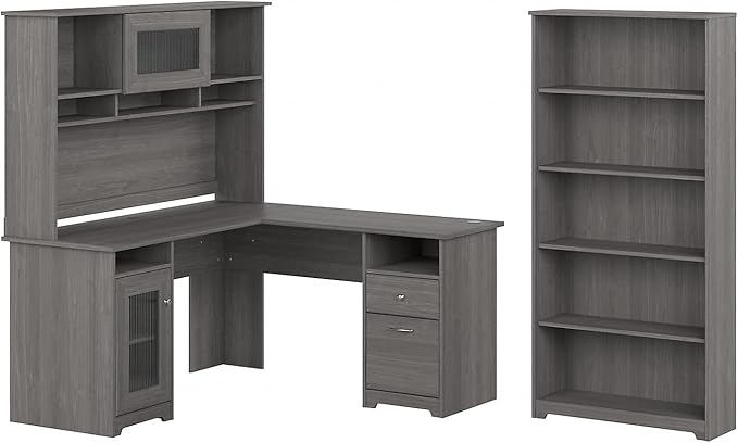 Bush Home Cabot 60W L Shaped Computer Desk with Hutch and 5 Shelf Bookcase in Modern Gray