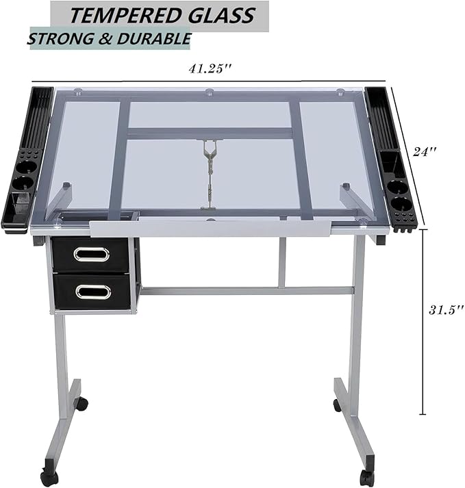 ZENY Drafting Table on Wheels with Storage Drawers, Adjustable Glass Tabletop, Craft Table Drawing Desk Artist Hobby Table for Painting, Drawing, Crafting