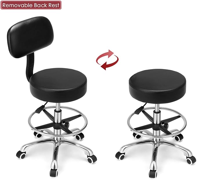 Kaleurrier Rolling Swivel Adjustable Heavy Duty Drafting Stool Chair for Salon Medical Kitchen Lab Clinic Dental Office and Home uses,with Wheels and Back Support (Black with Footrest)