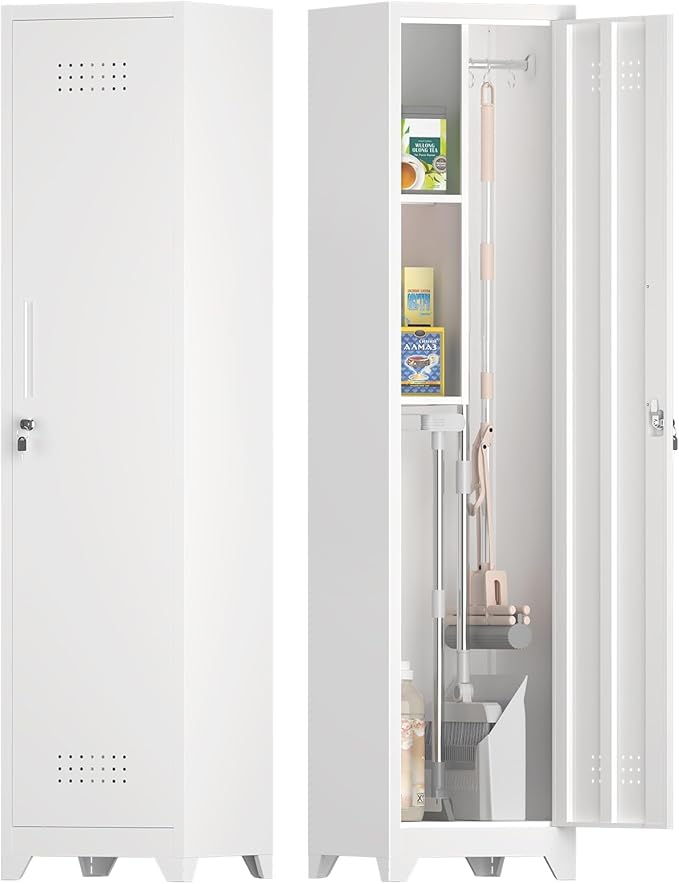 IRONFFICE Storage Cabinets with Lock,Slim Broom Closet Storage Cabinet with Doors and Shelves,Tall White Cabinet for Small Spaces,Laundry Room Cabinet for Home Office,Gym