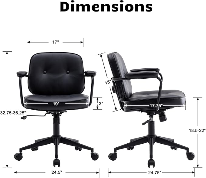 HEAH-YO Modern Armless Desk Chairs Set of 1, Swivel Computer Task Chair with Wheels and Armrests, PU Leather Adjustable Office Chair with Backrest for Home Base, Black