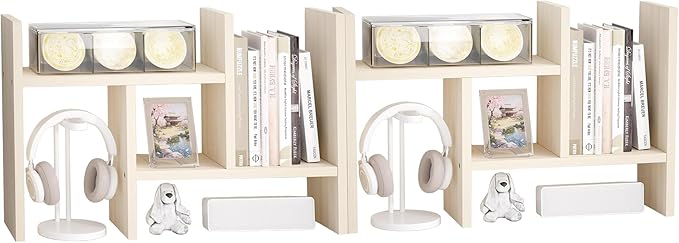 Jerry & Maggie Desktop Organizer Office Storage Rack Adjustable Wood Display Shelf Free Style Double H, Multi-Functional Mini Bookshelf for Desk Natural Stand (White Wood Tone/2 Pack)