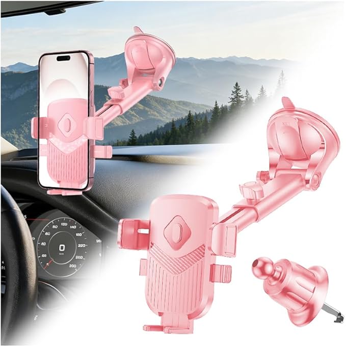 Car Phone Holder, 360° Adjustable Strongest Suction Vehicle Windshield Dashboard Air Vent Cell Phone Mounts, Hands Free Automotive Interior Smartphone Stand, Universal Fit (Pink)