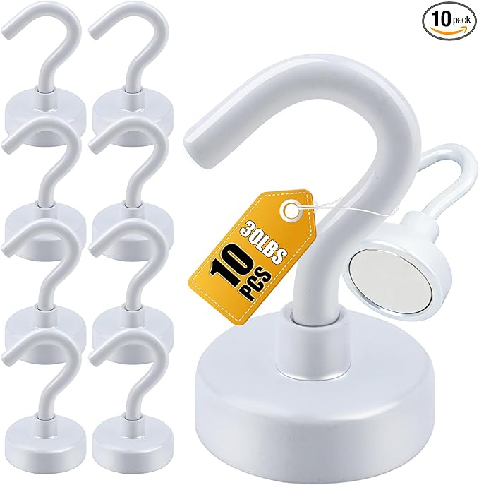 DIYMAG Magnetic Hooks, 30Lbs Strong Heavy Duty Cruise Magnet S-Hook for Classroom, Fridge, Hanging, Cabins, Grill, Kitchen, Garage, Workplace and Office Etc, (10 Pack-White)