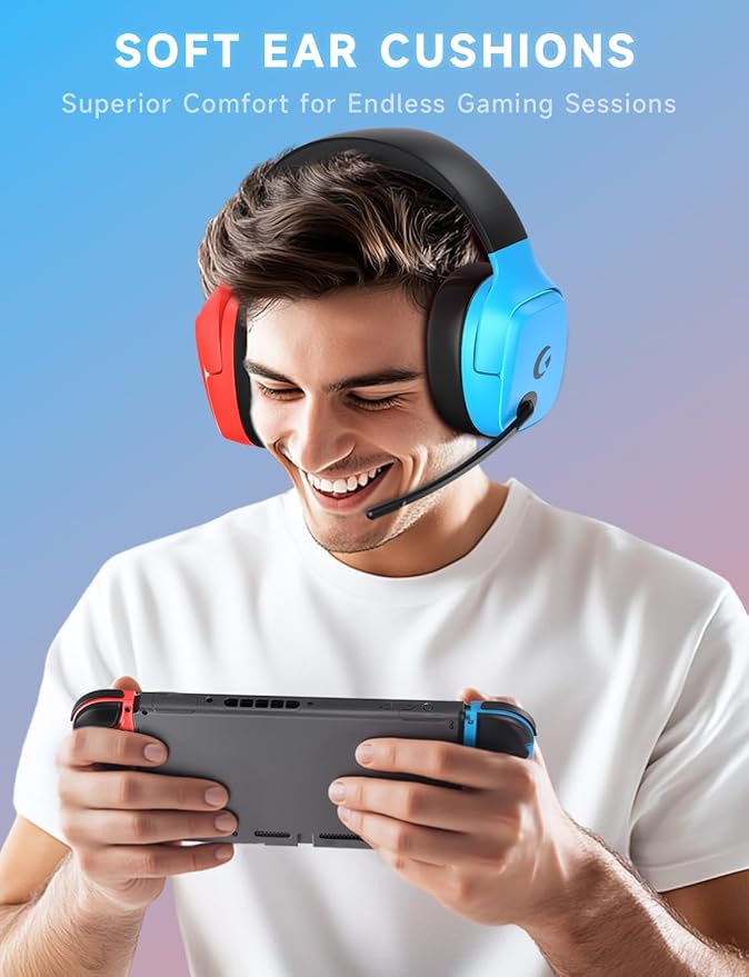 Gvyugke 2.4GHz Wireless Gaming Headset for Switch/Lite/OLED - Bluetooth 5.3 Gaming Headphones with 7.1 Surround Sound for Fortnite, 50mm Speakers, 70H Battery, Blue Lighting - BlueRed