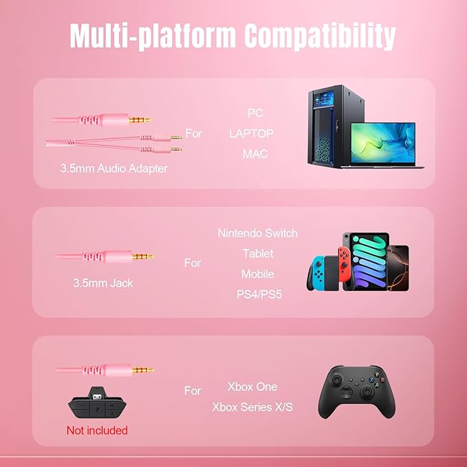 K98 Wired Gaming Headset, Durable Aluminum Frame Gaming Headset with Memory Earmuffs, 50mm Dynamic Drivers Stereo Surround Sound, Over Ear Headset for PC, PS4, PS5, Switch, Xbox One, Mac (Pink)