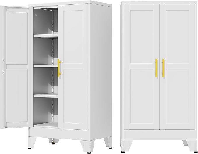 47" Metal Storage Cabinet with Adjustable Leveling Foot,Garage Storage Cabinets with 2 Doors and 3 Adjustable Shelves, Black Steel Cabinet for Office,Home,Garage(White)