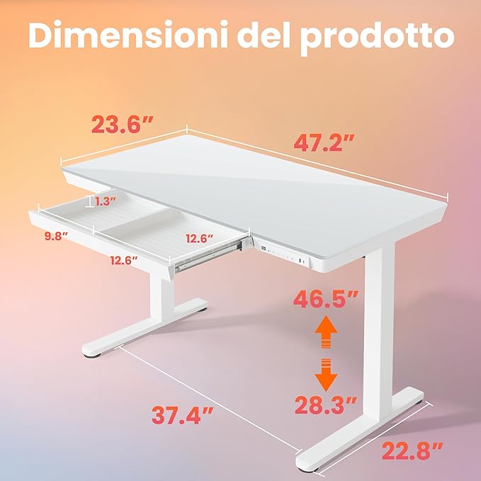 HUANUO Glass Standing Desk with Drawers, 48 x 24 Inch Electric Adjustable Height Desk, Quick Install One-Piece Tabletop with USB Charging Ports, White