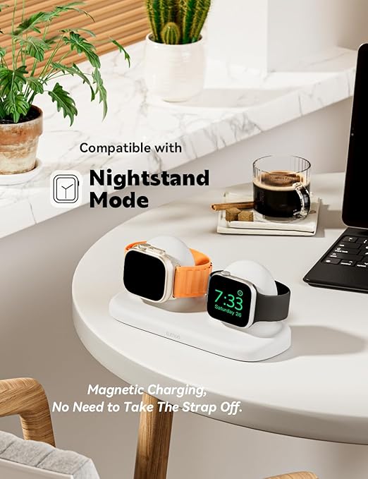 ELETIUO Dual Charger Stand Compatible with Apple Watch Series 49/46/45/44/42/41/40/38mm iWatch Ultra2/Ultra/10/9/8/SE2/7/6/SE/5/4/3/2/1,Silicone Charging Dock Organizer Supports Night Stand Mode,White