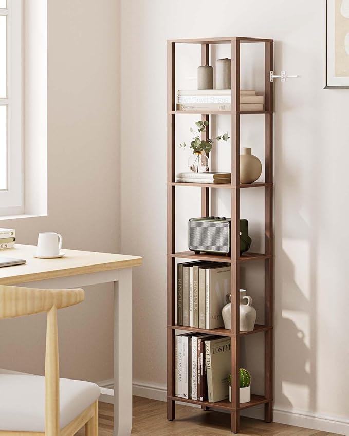 Open Book Shelf, 6 Tier Tall Bookshelf, Freestanding Shelf Narrow Bookcase with Open Shelves, 14.57" x 10.63" x 65.83", Book Shelves for Living Room, Office, Study, Walnut