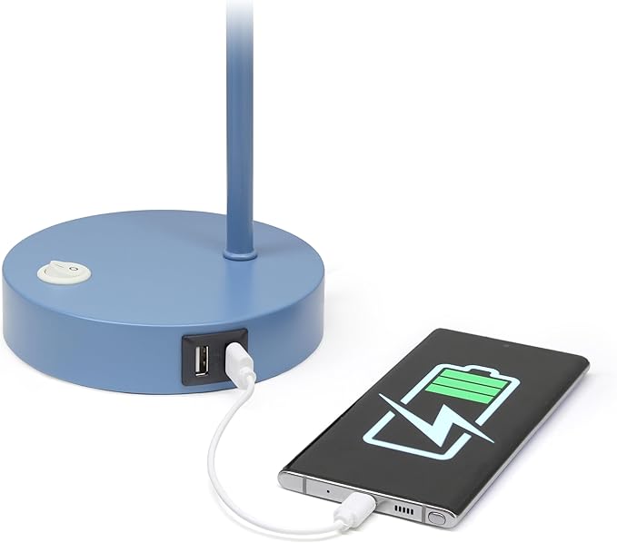 Simple Designs LD1074-BLU 15.75" Sleek Essentials Modern Industrial Metal Desk Lamp with Clear Glass Shade and Dual USB Ports, for Office, Desk, Nightstand, Dorm, Blue