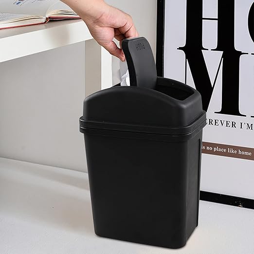 1.8 Gallon Plastic Trash Can with Swing Lid, Small Black Waste bin