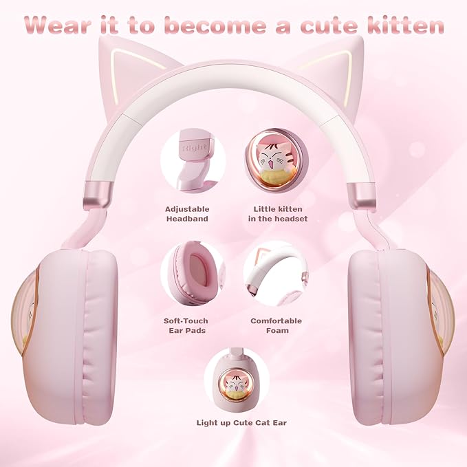 Xmenha Pink Cat Ear Headphones for Kids, Cute Children Girl Wireless Bluetooth Headphones for School, Kindergarten Light up Kawaii Kitty Noise Cancelling Headphones for Kids Teens Child Airplane
