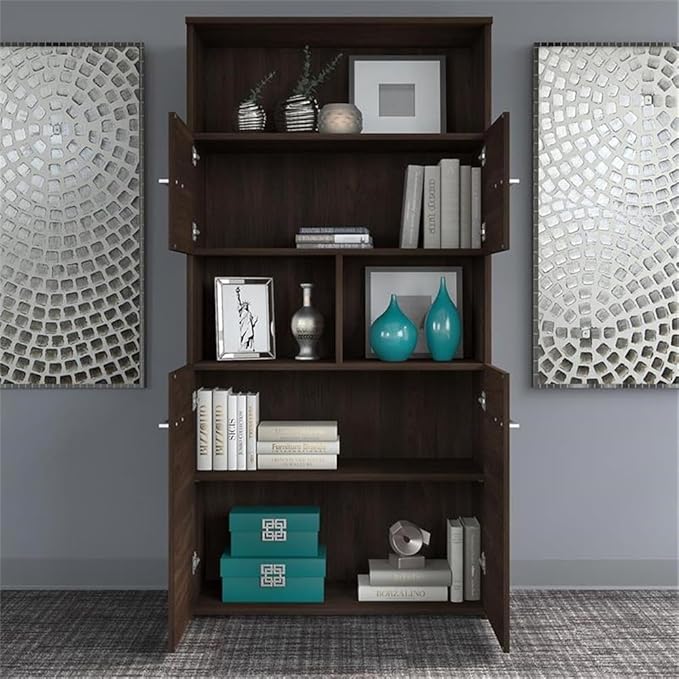 Pemberly Row 72W Height Adjustable Desk Set, Black Walnut Finish, Engineered Wood, Includes Standing Desk, Storage Cabinet with Drawers, 5 Shelf Bookcase, Ergonomic Home Office Furniture