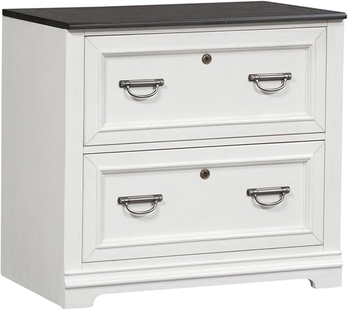 Liberty Furniture Allyson Park 2 Piece Set Lateral File Cabinet with Hutch Cottage Home Office Storage - Wirebrushed White w/Charcoal Tops Oak Wood