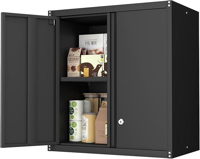 IRONFFICE Metal Storage Cabinet,Garage Wall Cabinets with Locking Doors,Black Metal Cabinet with Adjustable Shelf for Home Office,Utility Room