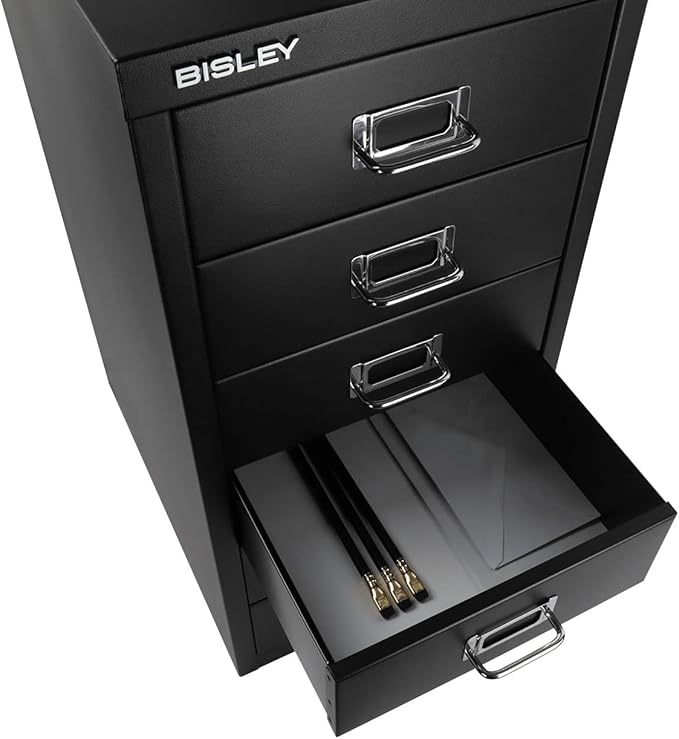 Bisley 6-Drawer Steel MultiDrawer Cabinet - Black, Chrome Pull Handles with Label Holders, Powder-Coated Steel, Removable Drawers, Fits Under Most Desks, Labels Included