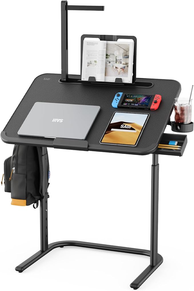 SAIJI Tilt & Height Adjustable Laptop Tray Table, Extra Large Couch Desk, Foldable Floor Table for Laptop,Drafting, Writing, Eating on Sofa, Built in Led Light, Drawer, Bookstand, Cup Holder