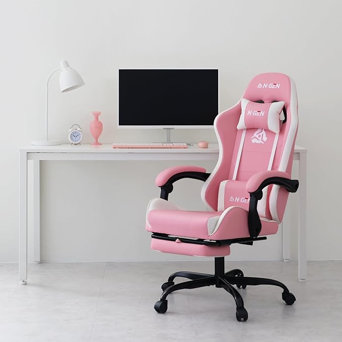 NEO CHAIR Video Gaming Chair with Footrest High Back Ergonomic Comfortable Office Computer Desk with Lumbar Support Height Adjustable with PU Leather Recliner for Adults Women Men (Pink)