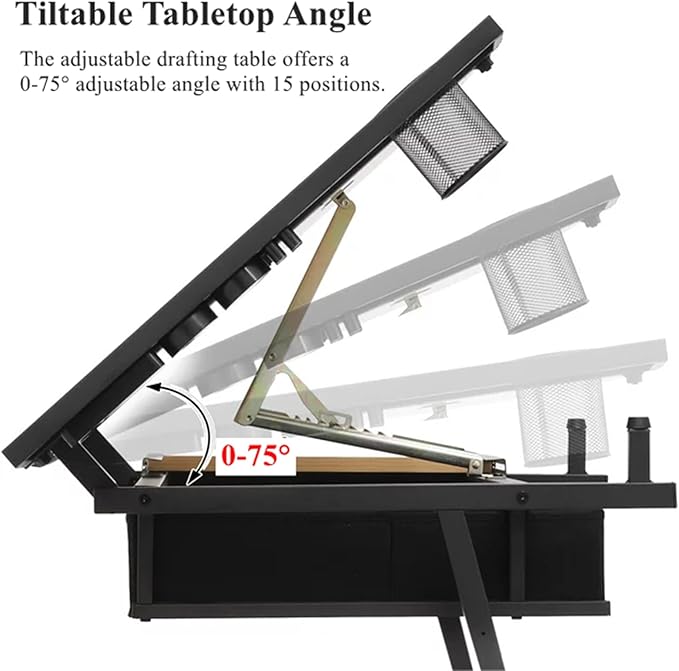 Drafting Table, Height Adjustable Drawing Table Art Table with Stool, 0-75° Tilted Tabletop Artist Desk Painting Table with Storage for Home Office School, Type 4-Brown
