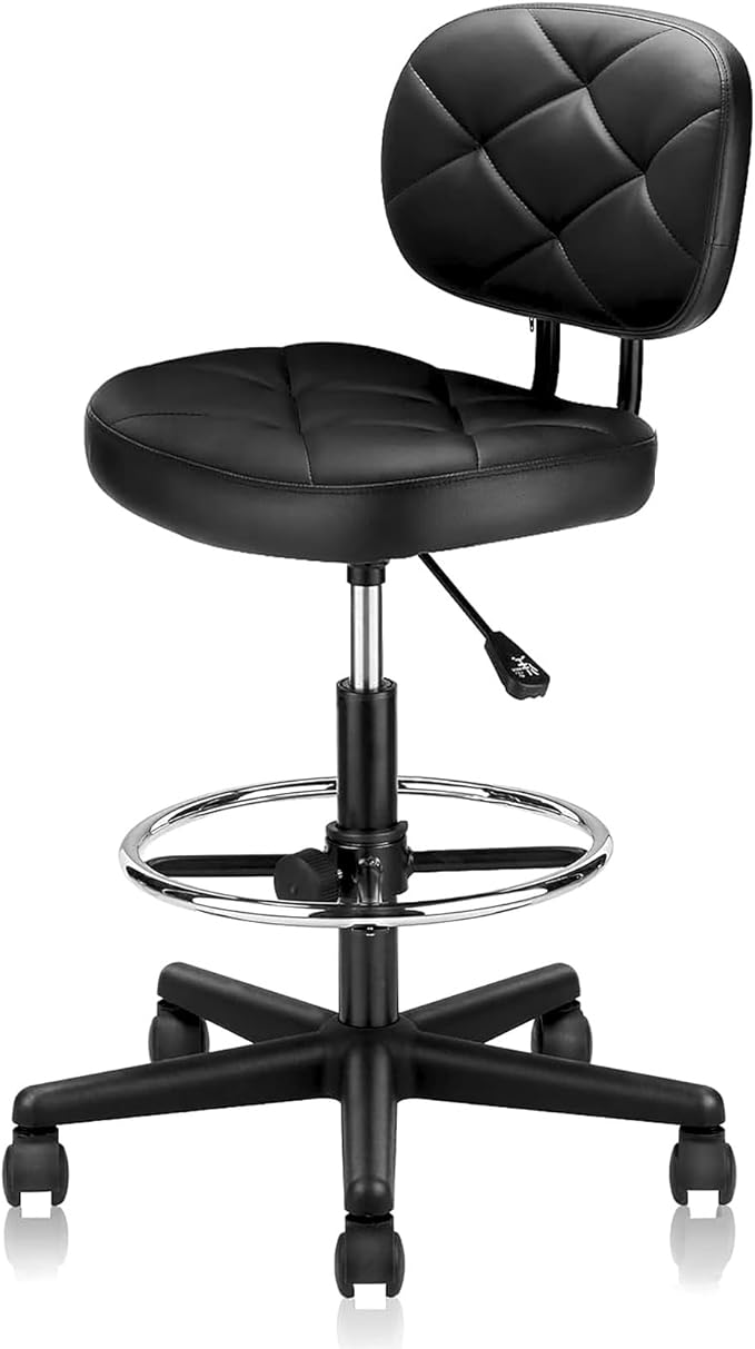 KLASIKA PU Leather Rolling Stool with Foot Rest and Back Support, Adjustable Diamond Upholstered Drafting Chair with Wheels, Multi-Purpose Desk Chair for Home Office Bar Kitchen Shop, Black (1PK)