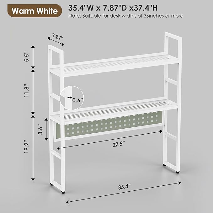 Brakki Desk Shelf, 35.43" Desk Hutch Bookshelf, Desktop Shelf with Pegboard for Computer Monitor, Metal Desktop Hutch Storage Organizer for Dorm Home Office, 2 Tier Bookcase, White
