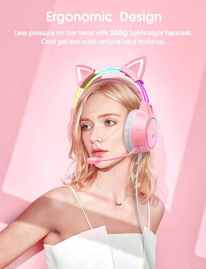 Lightweight Gaming Headset with Detachable Cat Ears, RGB Lighting, Wired Over Ear Headphones with Mic for PC, PS4, PS5, Switch, Stereo Surround Sound, Self-Adjusting Headband