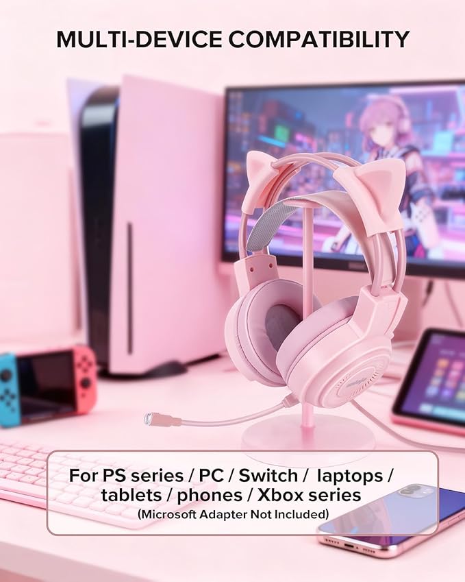Upgraded Pink Gaming Headset for PS4, PS5, Xbox One, PC, Switch, Laptop, Mobile – Cat Ears, Noise-Canceling Mic, 7.1 Surround Sound, LED Light, Soft Memory Earmuffs for Ultimate Comfort