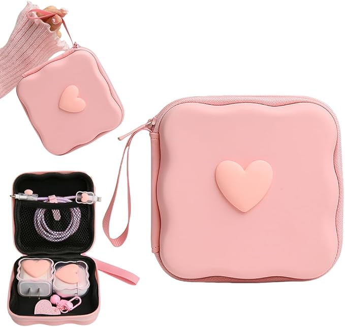 Charger Cover Storage Bag, Lovely 3D Love Heart Waves Design Charger Protector Travel Storage Case, Earphone Wire Saver Cable Cord Organizer Wireless Earphone Storage Box, Pink Love