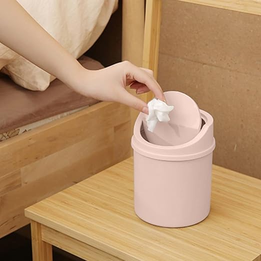 Mini Desktop Trash Can with Lid - 6.3'' Swing-Lid Plastic Garbage Bin for Desk, Countertop & Kitchen, Tiny Creative Waste Basket for Living Room & Office Organization (Pink)