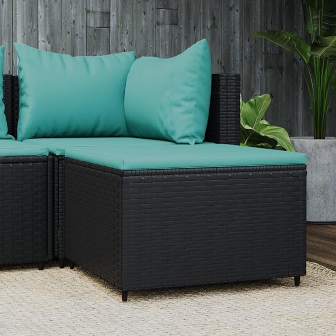 vidaXL Black Patio Ottomans 2 Pcs Poly Rattan Footstools with Blue Cushions – Modular and Weather- Garden/Patio Furniture