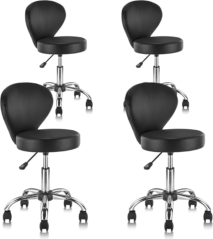 KLASIKA Leather Rolling Salon Stool with Back Support and Wheels Adjustable Height Swivel Spa Stools for Office Massage Facial Medical Drafting Tattoo Beauty Barber Lab Doctor Tattoo, Black, 4 Pack